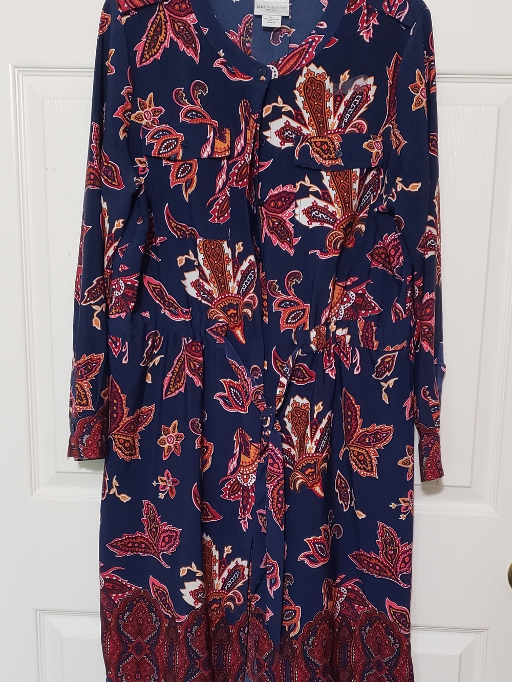 Liz Claiborne Navy Paisley Long Sleeve Midi Dress